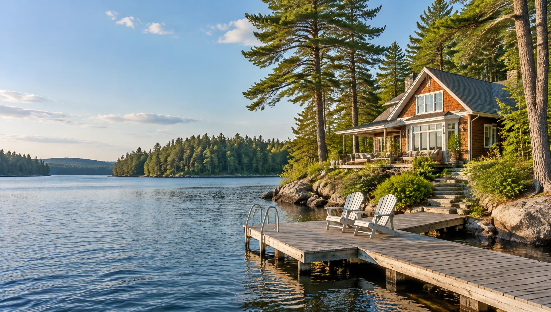 Cedar cottage and wooden dock overlooking a calm Ontario-style lake